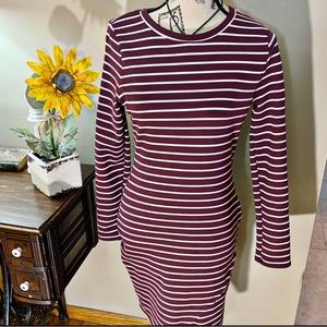 ❤️ Iris Ponte Knit Shirt Dress Maroon White Stripe Long Sleeve large